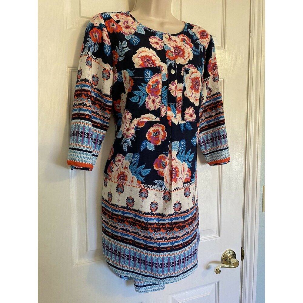 Fig Flower Small 1/4 Button Down Dress Floral Print Polyester 3/4 sleeve - Picture 4 of 9